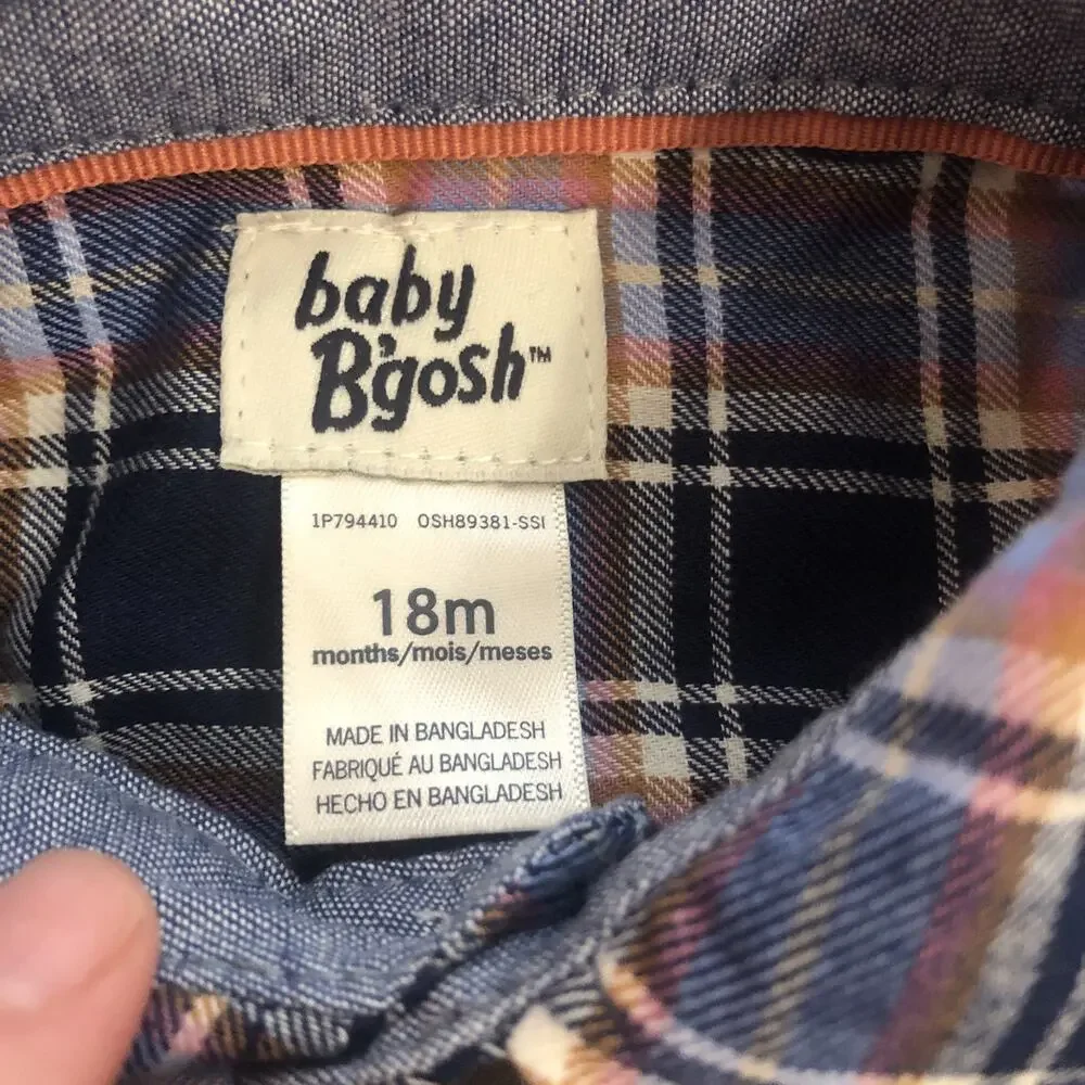 NWOT OshKosh Bgosh Baby Boys Blue Plaid Long Sleeve Button Down Bodysuit 18M